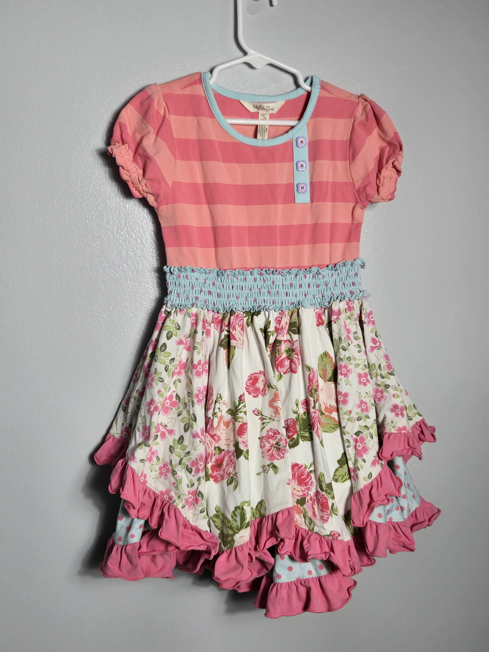 Matilda Jane Girls Striped Floral Ruffle Tiered Twirl Dress Shabby Chic Size 6